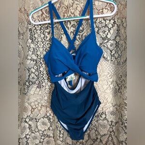 Blue Women’s One-Piece Swimsuit - Twist Front with Crisscross Straps NWT